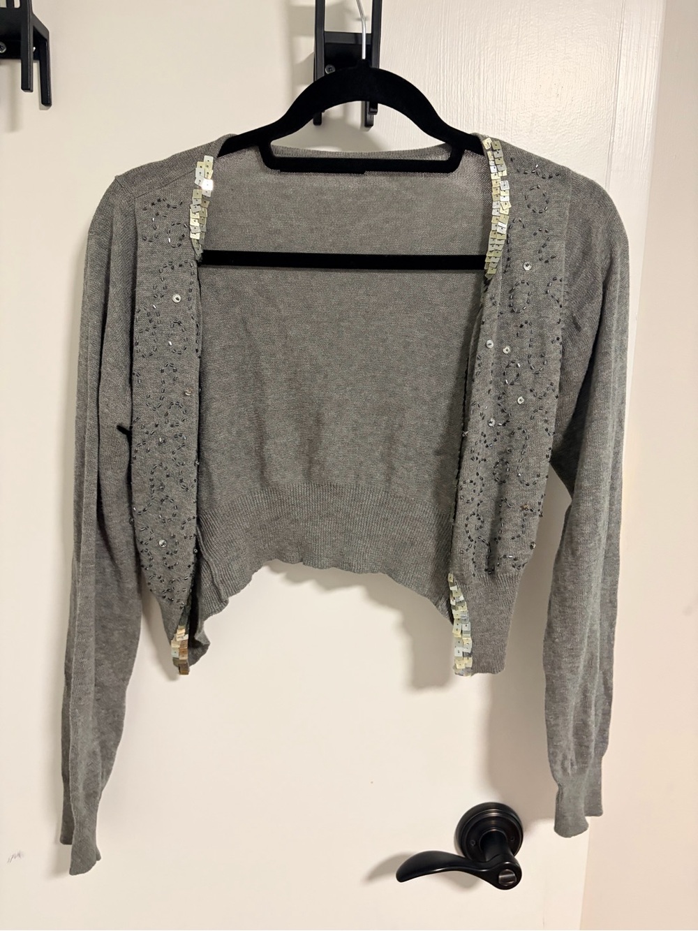 Gray Sequin-Trim Cropped Women's Cardigan Sweater